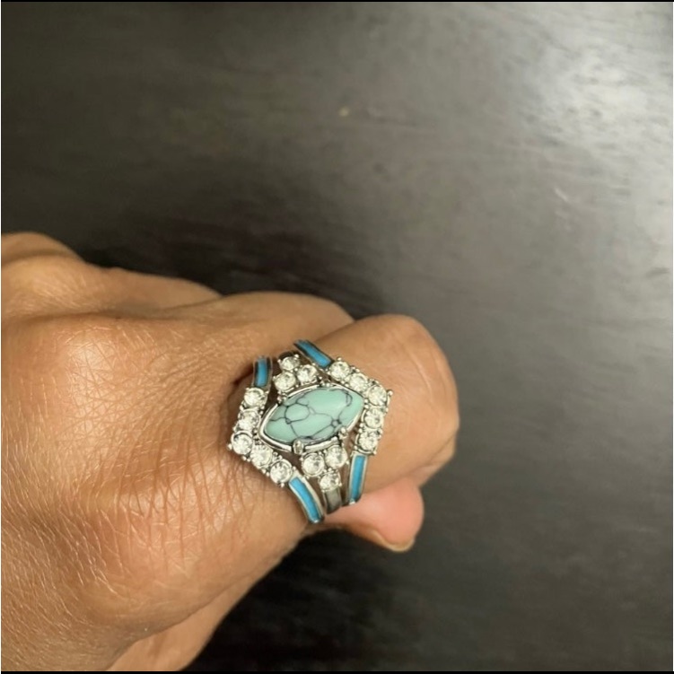 3 Pieces/Set Women's Silvertone Multilayer Turquoise/Moissanite Rings